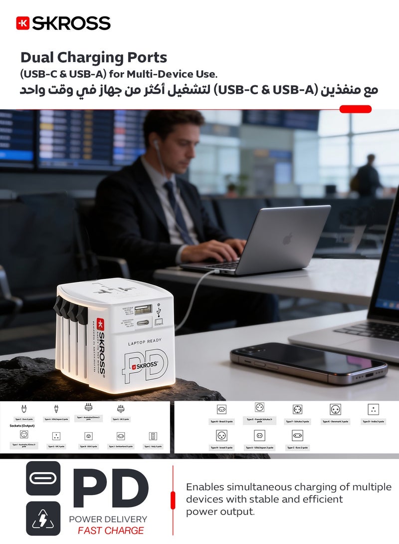 سكروس فيش سفر مع كيبل شحن تايب سي. فيش كهرباء بقوة 65 واط وبمنفذين شحن(شاحن تايب سي& يو اس بي). محول كهرباء يدعم الشحن السريع PD. شاحن لابتوب يدعم الاجهزة التي تدعم منفذ التايب سي. محول سفر متعدد الاستخدامات وباعلاء انظمة الحماية ضد الجهد العالي. فيش جداري عالمي متوافق مع جميع مقابس دول العالم. - Image 5
